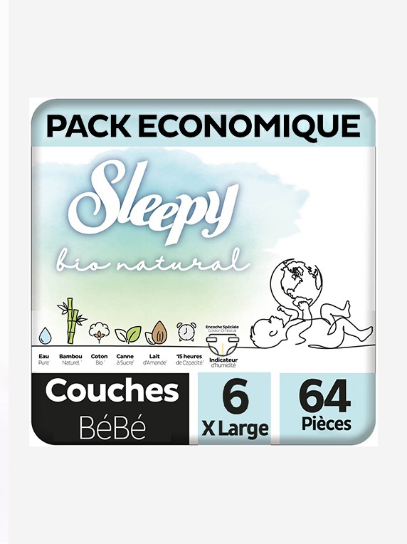 Sleepy Bio Natural Couche Bébé Taille 6 XL – 64 Pièces